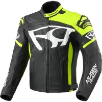 MUGENRACE Aggressore Veste en Cuir Noir Blanc Jaune Fluo Taille 54