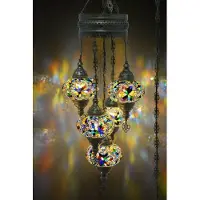 Halay Suspension turque à 5 flammes en verre mosaïque multicolore – Plafonnier oriental avec 5 boules