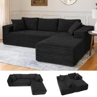 COMHOMA Sofa Big-Sofa, Canapé en L, Canapé d'angle, Chaiselongue Canapé-lit avec assise profonde et larges accoudoirs, tissu velours côtelé, noir-L