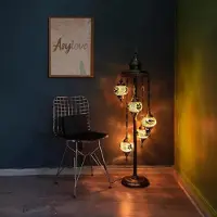 Halay Lampadaire turc fait main avec 5 boules en verre – lampe mosaïque orientale jaune pour un éclairage d'ambiance