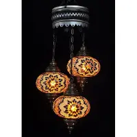 Halay Suspension à 3 globes en verre mosaïque brun - Suspension turque avec 3 boules en verre mosaïque - Lampe orientale