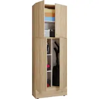 VCM Armoire à balais en bois | 6 compartiments | Dimensions : H. 200 x W. 70 x D. 39 cm | Armoire de ménage | Armoire polyvalente | Tiroir supplémentaire - Lona