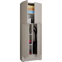 VCM Armoire à balais en bois | 6 compartiments | Dimensions : H. 200 x W. 70 x D. 39 cm | Armoire de ménage | Armoire polyvalente | Tiroir supplémentaire - Lona