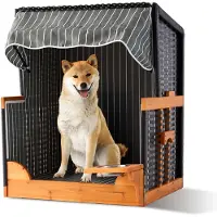 Relaxdays Fauteuil de plage pour chien , en rotin, avec gamelle, fauteuil pour chien avec auvent, dimensions : 95 x 75 x 65 cm, pour le jardin et la terrasse, en bois, gris