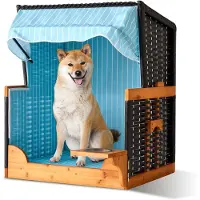 Relaxdays Fauteuil de plage pour chien , en rotin, avec gamelle, fauteuil pour chien avec auvent, dimensions : 95 x 75 x 65 cm, jardin et terrasse, bois, bleu clair
