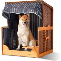 Relaxdays Fauteuil de plage pour chien , en rotin, avec gamelle, fauteuil pour chien avec toit, dimensions : 95 x 75 x 65 cm, jardin et terrasse, bois, bleu foncé