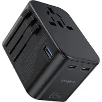 Choetech Travel Adapter Pd5009-Bk Gan Eu / Us / Uk / Au 2X Usb-C Usb-A 65W Pd - Noir