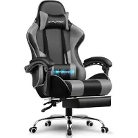 GTPLAYER Fauteuil gaming , fauteuil de bureau, fauteuil PC ergonomique, fauteuil gaming avec soutien lombaire massant, repose-pieds et appui-tête, cuir synthétique gris