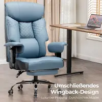 COMHOMA Chaise de jeu pour personnes grandes et lourdes, chaise de bureau ergonomique jusqu'à 180 kg, coussin d'assise 3D, réglable avec repose-pieds, cuir PU, bleu clair