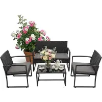 Relaxdays Ensemble de mobilier de jardin , salon de jardin en rotin 4 pièces, pour 4 personnes, banc, chaises et table en verre, mobilier de détente, d'extérieur, noir