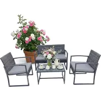Relaxdays Ensemble de mobilier de jardin , ensemble de salon en rotin 4 pièces, 4 personnes, banc, chaises et table en verre, mobilier de détente, d'extérieur, gris