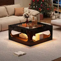 Merax table basse carrée avec verre trempé, table de salon avec éclairage LED, espace de rangement, table d'appoint creusée, contrôle par application, noir