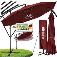 Tillvex Parasol Rouge Ø 350 cm Parapluie de jardin Parapluie de marché Manivelle Balcon Alu Inclinable