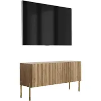 3Xeliving Meuble TV avec façade à motifs rainurés, en bois de chêne finition "Craft", et pieds droits dorés