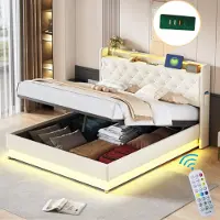 Sweiko LED Lit rembourré 160x200 cm avec port de recharge USB et support hydraulique, tissu en lin doux pour la peau Beige