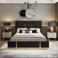 Xl Moebel Gmbh Chambre à coucher noire Lit designer bois Lit double de luxe en acier inoxydable