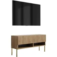 3Xeliving Meuble TV avec façade à motifs rainurés, en bois de chêne finition "Craft", et pieds droits dorés