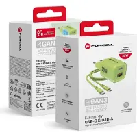 Forcell F-ENERGY Crystal Color GaN III VT-41 chargeur de voyage avec câble en silicone avec 1 x Type C + 1x USB A prises, PD QC4.0 33W vert