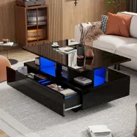 MODFU Table Basse avec LED et 2 Tiroirs, Design Moderne en Panneau de Particules, Noir - 90x55x41 cm