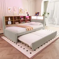 OKWISH Lit Gigogne 90x200 cm - Lit Double avec Lit 90x190 cm Coulissant et Port USB, Tissu Flanelle Gris clair, Rangements Intégrés, Sans Matelas