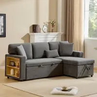 MODFU Canapé d’Angle Convertible Moderne, avec Coffre de Rangement et Étagère Intégrée, Gris Foncé - 214x131x85 cm