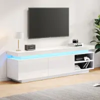 OKWISH Meuble TV / meuble bas avec LED et support média pour gaming, grand rangement, 170×35×50 cm – blanc