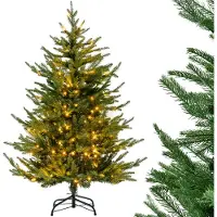 Costway Sapin de Noël artificiel CM24315DE, 136 cm, avec lumières, sapin de Noël pliable avec 8 modes d'éclairage, 180 lumières LED blanc chaud - A