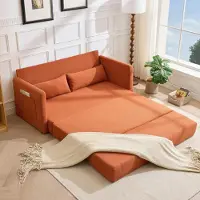 LVHOM Canapé-lit 2 places extensible en velours côtelé, canapé-lit avec fonction couchage et poches latérales, canapé-lit d'appoint avec 2 coussins, 165 x 92 x 82 cm, orange