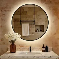 S'AFIELINA miroir salle de bain LED 80 cm rond, tactile, anti-buée, variateur, horloge, température, mémoire, bordure noire