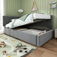 MODFU Lit Coffre 90x200 cm - Lit Simple avec Lit avec Rangement et Dossier Rembourré, Sommier à Lattes, Revêtement en Velours, Sans Matelas - Gris