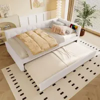 OKWISH Lit Gigogne 90x200 cm avec Lit Tiroir et Lampe Intégrée - 2 Couchages Gain de Place avec Ports USB et Type-C - Sans Matelas - Imitation Laine Blanc