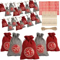 TolleTour 24 Calendriers de l'Avent à remplir, Sacs cadeaux en tissu Noël pour calendriers de Noël, Sacs calendrier de l'Avent avec 1-24 chiffres de l'Avent étiquettes cadeaux papier kraft,rouge/gris