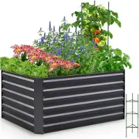 Quictent Bordure de jardin surélevée en métal, dimensions 120x90x56 cm, couleur grise, sans fond, avec cages à tomates