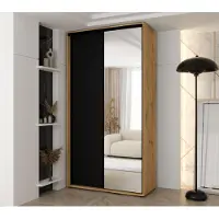 MINIO go for it , armoire VADO, 130x235,2x60 cm, 2 portes coulissantes (1 miroir), 6 étagères, 2 tringles métalliques, chêne Artisan/noir