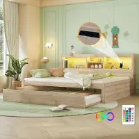 Ulife Lit de jour multifonctionnel avec prises USB, éclairage LED, tiroirs et sommier à lattes pour un habitat moderne - Canapé-lit, étagère 140x200, naturel