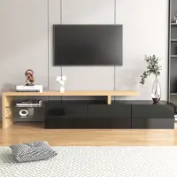 Sweiko Armoire TV design moderne : élégance stylée, espace de rangement pratique, noir brillant, aspect bois, étagères en verre, éclairage LED