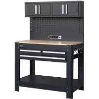 HBM établi 114 cm avec 3 tiroirs, paroi d’armoire et panneau arrière, noir