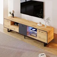 OKWISH Meuble TV avec Séparation en Verre, Éclairage LED et Tiroirs, Rangement Spacieux pour Salon 190x40x50 cm, Bois et Gris