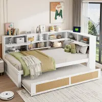 OKWISH Lit Gigogne 90x200 cm, Lit Enfant avec Lit Supplémentaire, Tiroirs et Port USB, Bois Massif, Blanc, Sans Matelas