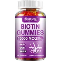 Buporai Biotine Gommes 10,000 mcg (100 gommes) Complément alimentaire, cheveux, peau, ongles, système immunitaire, articulations, collagène