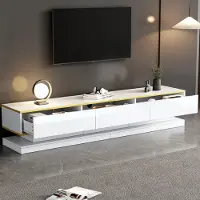 OKWISH Meuble TV / lowboard laqué avec bord doré et grand rangement – blanc