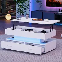 MODFU Table Basse Relevable Hydraulique avec Eclairage LED et Bluetooth - 2 Tiroirs de Rangement, Structure en Panneau de Particules, Blanc - 100x50x44 cm