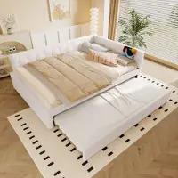 MODFU Lit Gigogne Capitonné 140x200 cm - Lit Multifonction avec Lampe Intégrée, Ports USB Type-C et Lit Tiroir - Sans Matelas - Imitation Laine Blanc