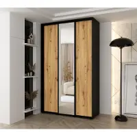 MINIO go for it , armoire VADO, 150 x 235,2 x 60 cm, 3 portes coulissantes (dont 1 miroir), 6 étagères, 2 tringles métalliques, noir/chêne Artisan
