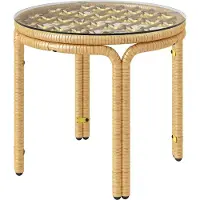 Youjia Table d'appoint en polyrotin, table basse ronde avec plateau en verre, table de chevet, table de jardin, table basse pour salon, terrasse ou balcon, Ø 50 cm, jaune