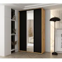 MINIO go for it , armoire VADO, 160 x 235,2 x 60 cm, 3 portes coulissantes (dont 1 miroir), 10 étagères, 2 tringles métalliques, chêne Artisan/noir