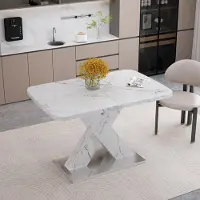 OKWISH Table À Manger Extensible Effet Marbre - Table Carrée Moderne Avec Piètement Croisé MDF Et Base Métal - Blanc - 120-160x80x76,5 Cm