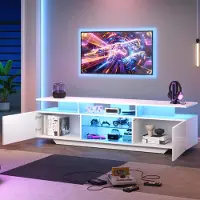 MODFU Meuble TV Blanc avec Éclairage LED - 2 Portes et 8 Étagères pour TV 70 Pouces - 160x40x45 cm