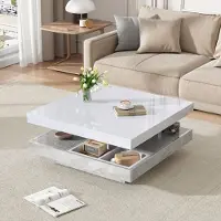 OKWISH Table Basse Pivotante 360° avec Compartiments de Rangement, Haute Brillance, Panneau de Particules, Blanc