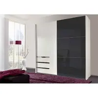 Wimex Armoire à portes coulissantes, hauteur 200 cm, 2 portes, blanche avec vitres grises